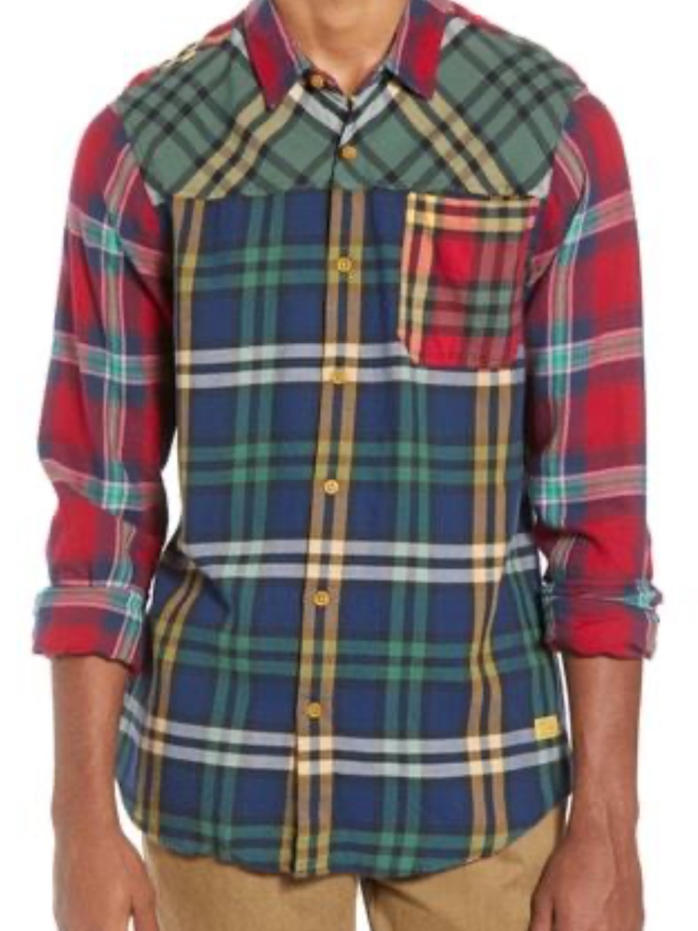 Scotch & Soda Red, Blue, Green Plaid Patchwork Button-Down Shirt